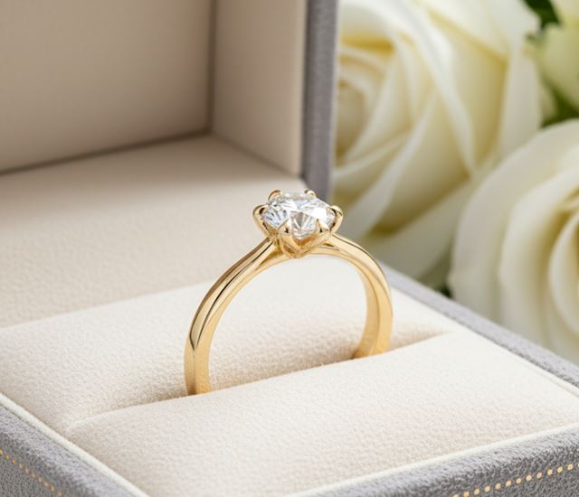 Handtillverkad enstensring i rödguld med briljantslipad diamant i sexklos Flower-fattning