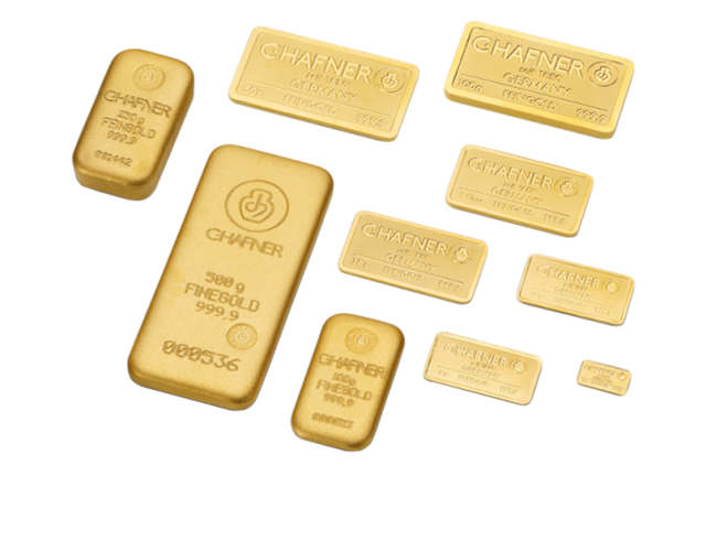 Guldtackor i olika valörer av investeringsguld 999,9